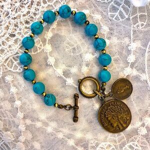 Vintage Turquoise Bead Bracelet with Coin Charms
